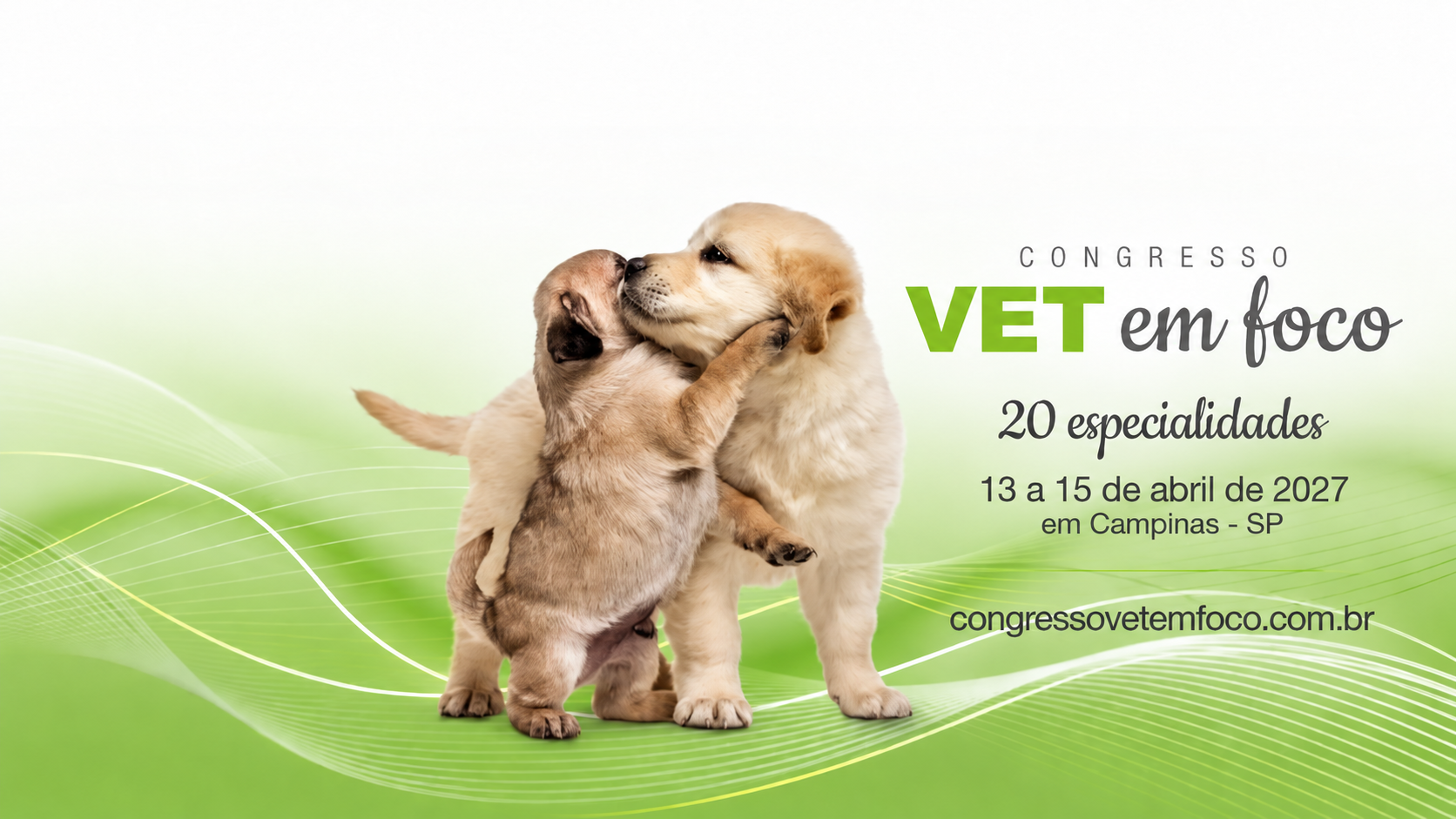 Arte de divulgação do Congresso VET em Foco 2027 com dois filhotes, informações do evento e destaque para as datas de 13 a 15 de abril, em Campinas, SP.