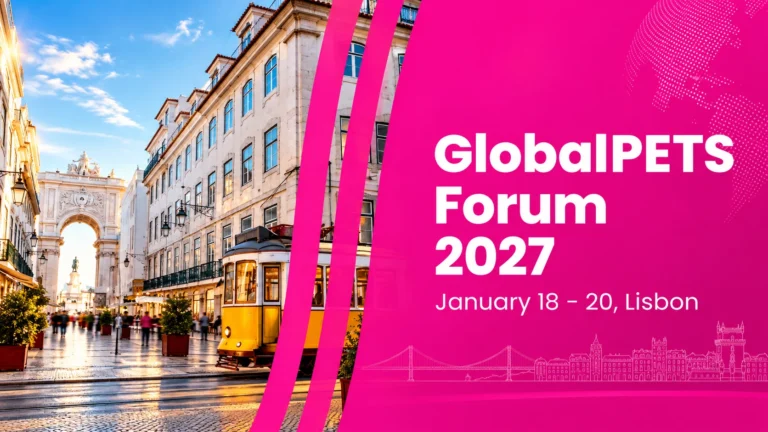 Arte do GlobalPETS Forum 2027 com paisagem de Lisboa, bonde amarelo e informações do evento previsto para 18 a 20 de janeiro.