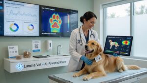 Veterinário utilizando tablet com inteligência artificial para diagnosticar cão golden retriever em clínica moderna com telas digitais ao fundo