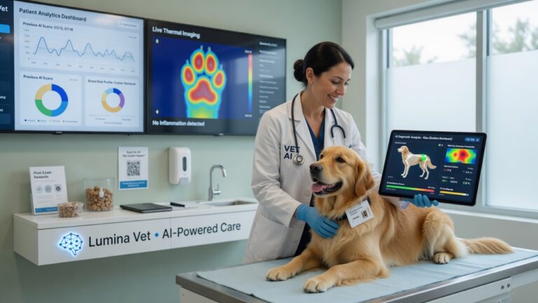 Veterinário utilizando tablet com inteligência artificial para diagnosticar cão golden retriever em clínica moderna com telas digitais ao fundo