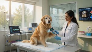 Cão idoso da raça golden retriever sendo examinado por veterinário em laboratório moderno de biotecnologia animal, representando avanços em medicina veterinária para longevidade