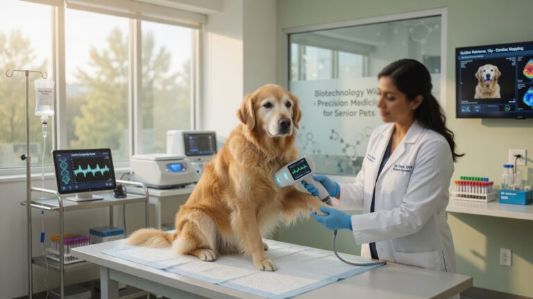 Cão idoso da raça golden retriever sendo examinado por veterinário em laboratório moderno de biotecnologia animal, representando avanços em medicina veterinária para longevidade