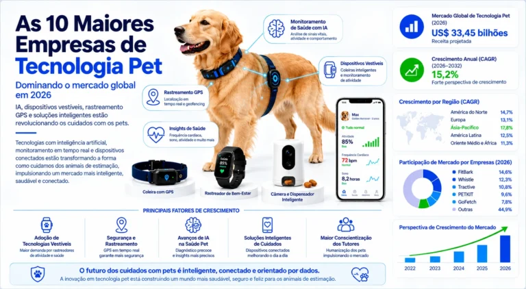 Infográfico sobre empresas de tecnologia pet em 2026, com golden retriever usando dispositivos inteligentes, monitoramento por IA, GPS e gráficos de mercado.