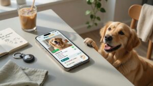 Smartphone exibindo aplicativo de pet tech ao lado de cachorro golden retriever em ambiente moderno e tecnológico