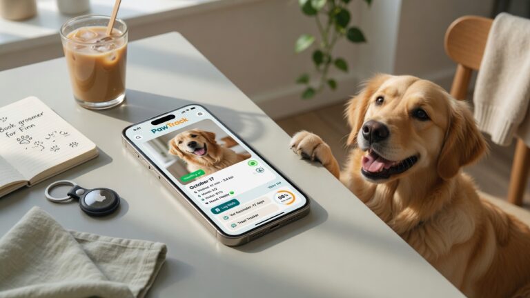 Smartphone exibindo aplicativo de pet tech ao lado de cachorro golden retriever em ambiente moderno e tecnológico