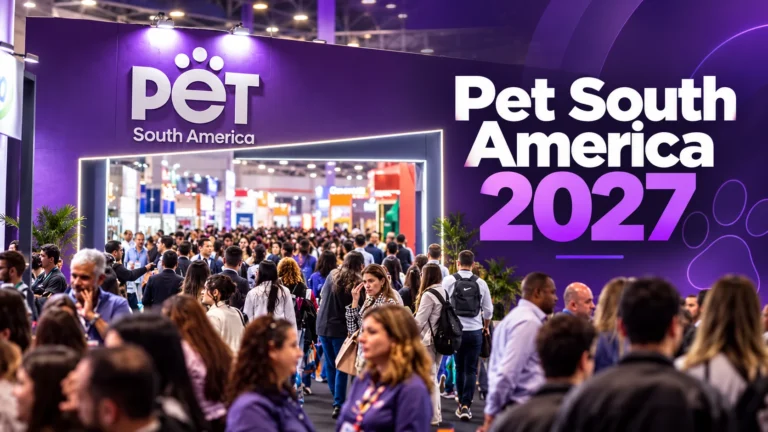 Entrada da feira Pet South America 2027 com grande circulação de visitantes em pavilhão de exposição e identidade visual em tons de roxo.