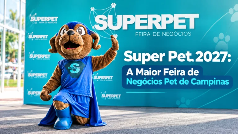 Mascote da SuperPet em frente ao painel do evento, em arte de divulgação da Super Pet 2027, a maior feira de negócios pet de Campinas.